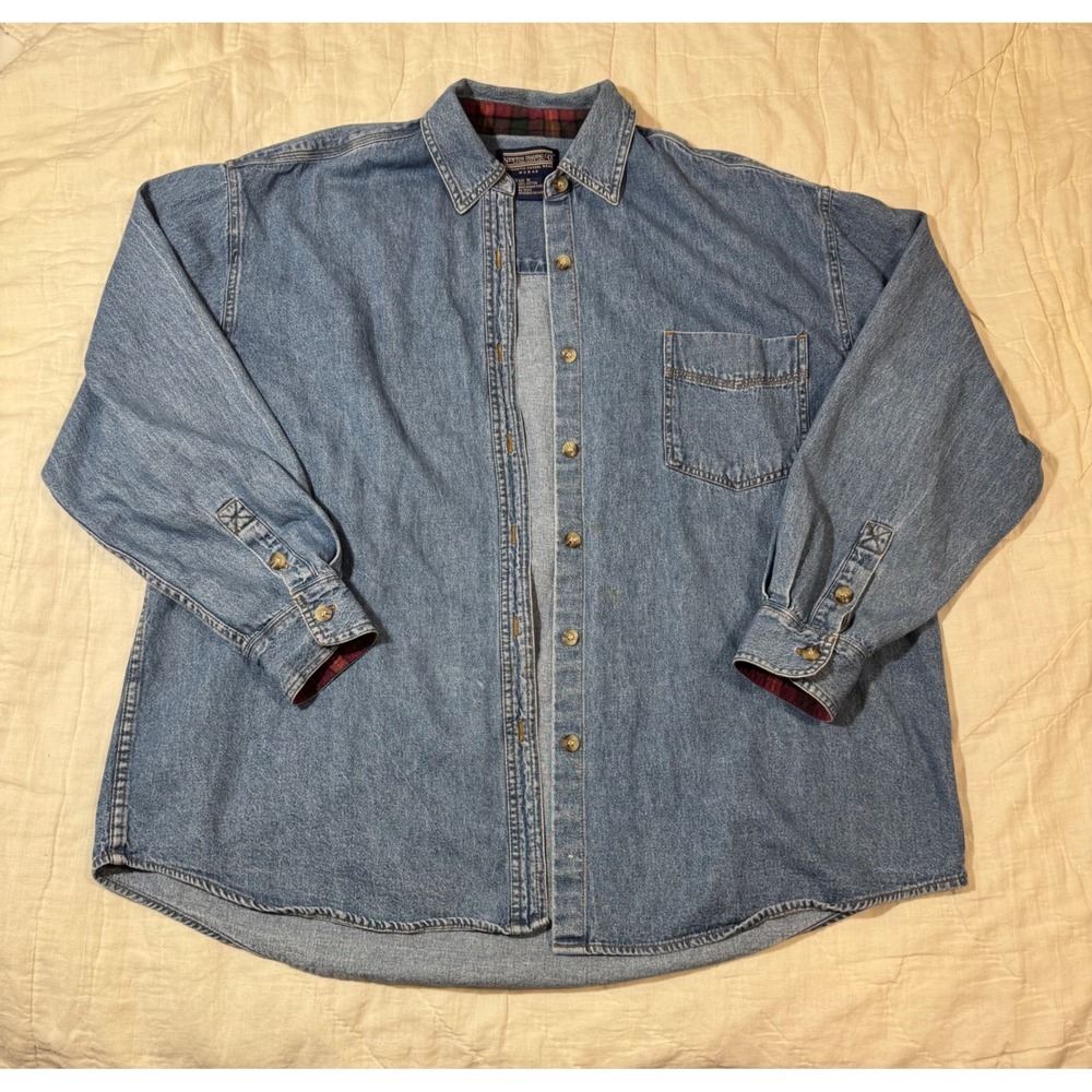 Newton Trading Co Womens 1X Denim Shirt Plaid Flannel Trim Blue Cotton Vintage